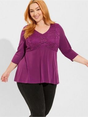 Torrid NWT Studio Knit Purple Lace V-Neck Babydoll 3/4 Sleeve Top Tunic Size 4X